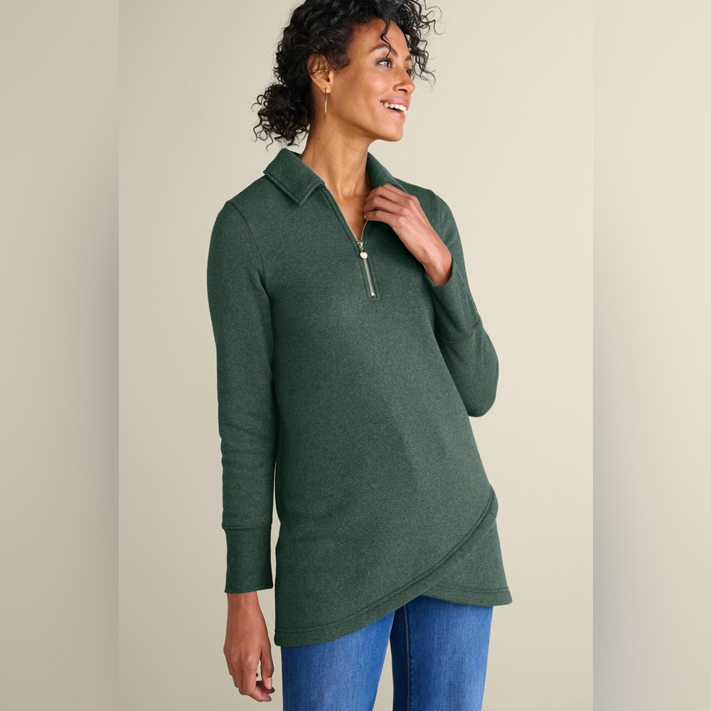 Soft Surroundings 1/2 Zip Calla Tulip Hem Tunic Top - Green Heather - M